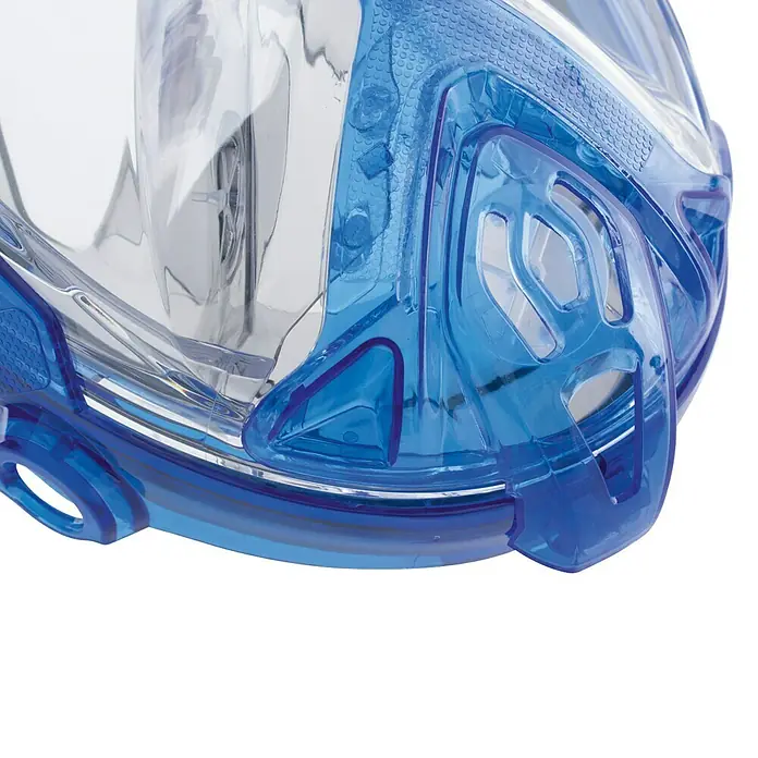 Seac Sub Máscara de Snorkel Fun Junior - XS/S, Plástico, Azul/Naranja - Primer plano de una máscara de snorkel facial completa azul con visor transparente y detalles texturizados.