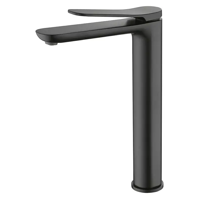 Imex Dinamarca Grifo de lavabo alto - Negro - Grifo negro moderno con caño plano y manija curvada para baños contemporáneos.