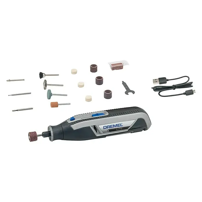 Dremel Akku-Multifunktionswerkzeug 7760-15 Lite - 3,6 V, 1 Akku, 2 Ah - Dremel Lite Akku-Multifunktionswerkzeug mit viel Zubehör für Schleif-, Polier- und Schneidearbeiten, ideal für Hobbyhandwerker und DIY-Projekte.