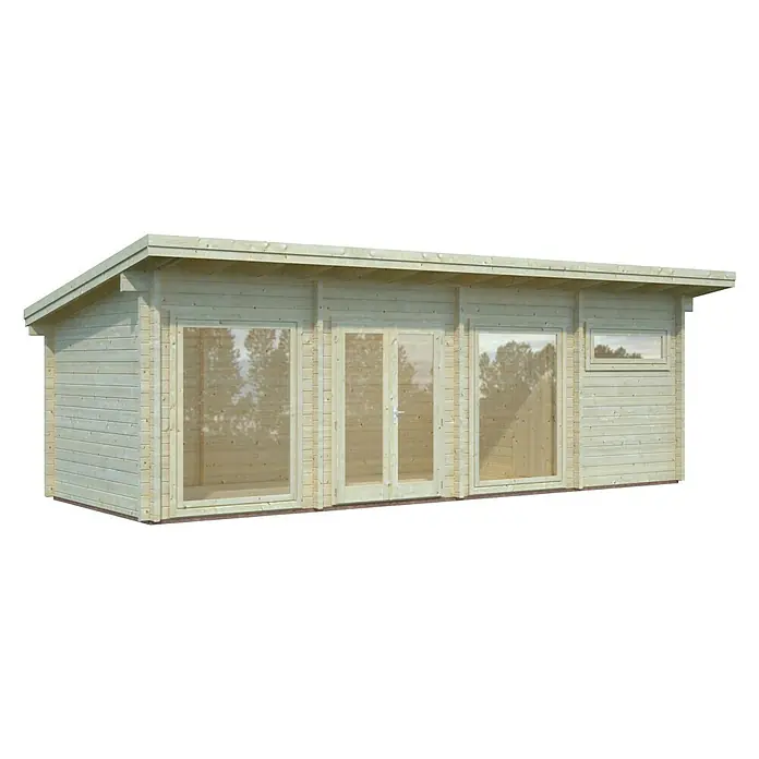 Palmako Caseta de jardín Heidi - Medidas ext. (An x Pr): 885 x 393 cm, Madera, Natural - Una caseta de jardín de madera clara con grandes ventanales y una puerta doble, ideal para un jardín moderno. Mucha luz natural.