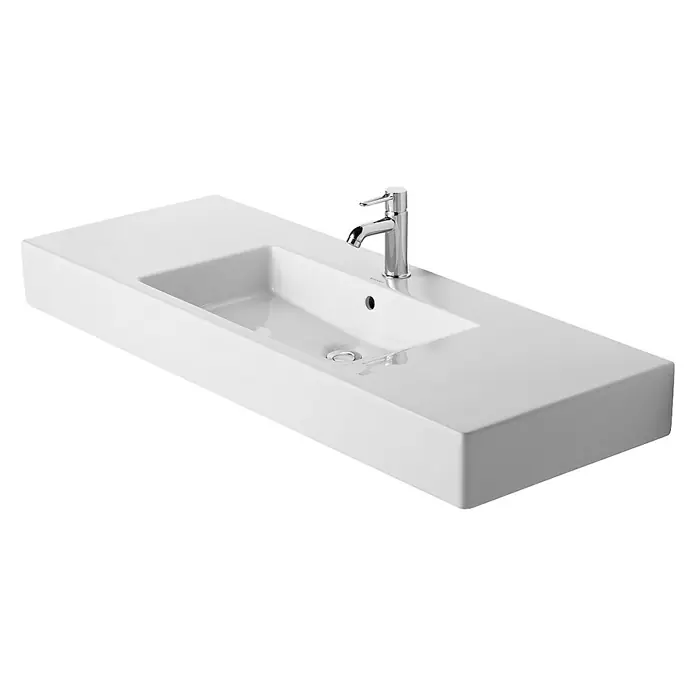 Duravit Vero Waschtisch - 125 x 49 cm, Mit schmutzabweisender Glasur, Hahnloch: Mitte, Mit Überlauf, Weiß, Ungeschliffen - Ein elegantes, rechteckiges Waschbecken mit Armatur in Weiß, ideal für moderne Badezimmer. Das schlanke Design bietet sowohl Stil als auch Funktionalität.