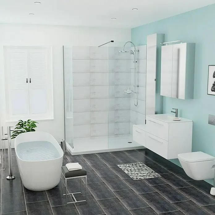 Camargue Espacio Badmöbel-Set M61 - 140 cm, Mira - Ein modernes Badezimmer mit freistehender Badewanne, begehbarer Dusche und Waschtisch mit Unterschrank und Spiegelschrank, alles in Weiß gehalten.