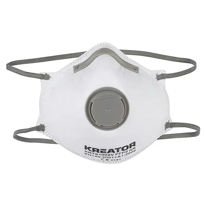 Kreator Mascarilla de protección respiratoria - FFP2, 2 ud. - Mascarilla respiratoria FFP2 blanca con válvula de exhalación y correas grises.