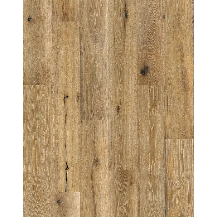 Granorte Korkboden Ecoprint - Eiche Bisque, Landhausdiele, 1.164 x 194 x 8,5 mm - Helle naturfarbene Holzbodenbretter mit Maserung, Ästen und dunklen Rissen.