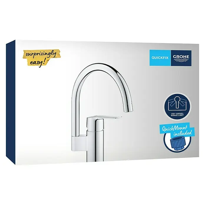 Grohe QuickFix Spültischarmatur Start 2021 - Ausladung Armatur: 183 mm, Chrom, Glänzend - Glänzende Chrom-Küchenarmatur mit gebogenem Auslauf und Einhebelgriff.