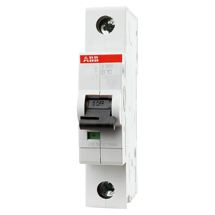 ABB System pro M compact Sicherungsautomat S200 B10A - B, 10 A, 6 kA, 1 Stk. - Ein ABB S201 B10 Leitungsschutzschalter in ausgeschaltetem Zustand, geeignet für 230/400V mit einer Abschaltleistung von 6000A.