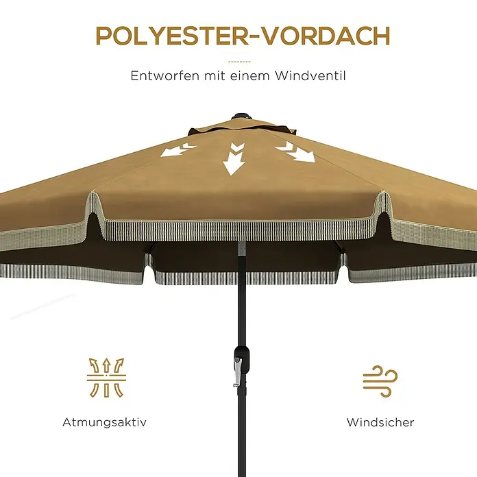 Outsunny Balkonschirm rund mit einstellbarem Neigungswinkel - Khaki, Durchmesser Bespannung: 268 cm