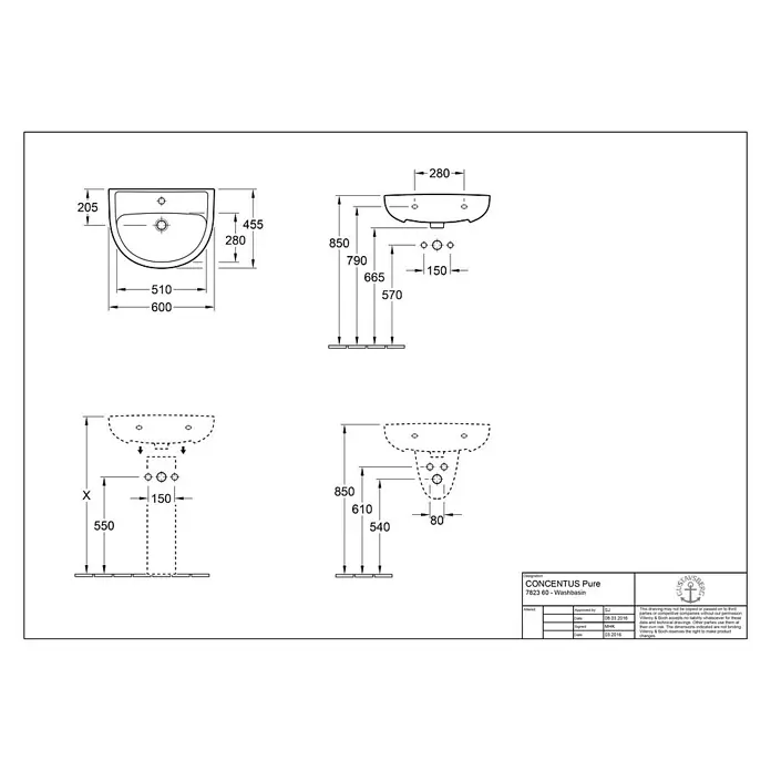 Gustavsberg Concentus Pure Waschtisch - 60 x 45,5 cm, Ohne Spezialglasur, Hahnloch: Mitte, Mit Überlauf, Weiß - Technische Zeichnung des CONCENTUS Pure 7823 60 Waschtisches mit allen Maßen für die Installation.
