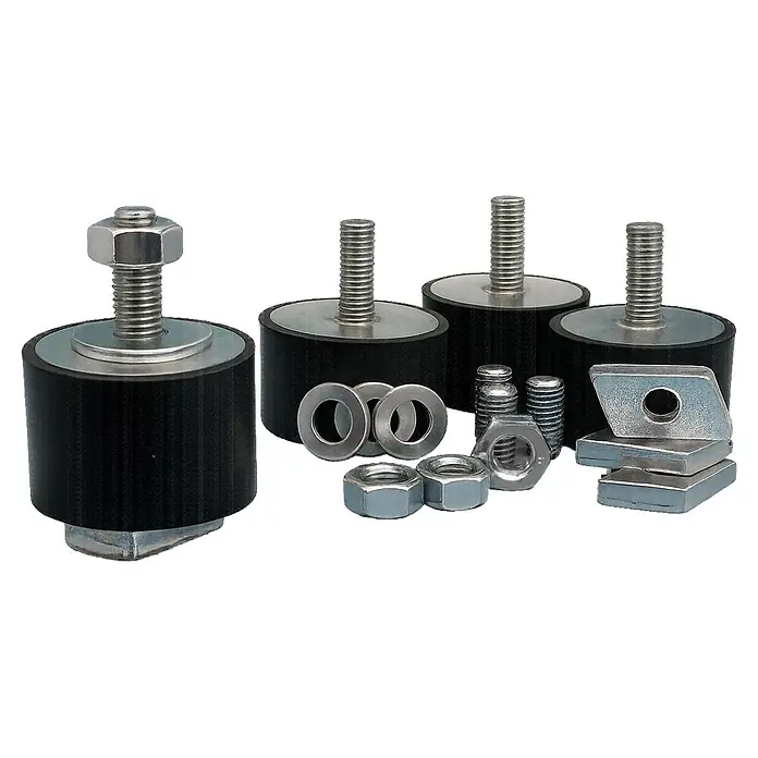 Christoph Zubehör-Set - Gesamtstückzahl: 4 Stk. - Schwarze Gummi-Schwingungsdämpfer mit silbernen Metallschrauben, Muttern, Unterlegscheiben und rechteckigen Metallplatten.
