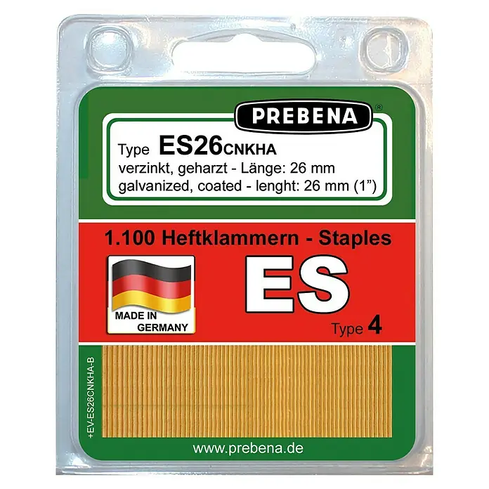 Prebena Heftklammer Typ ES - Länge: 26 mm, Rückenbreite: 6 mm, 2.800 Stk. - PREBENA ES26CNKHA verzinkte, geharzte Heftklammern, 26mm (1"), Typ 4, 1.100 Stück, in transparenter Verpackung.