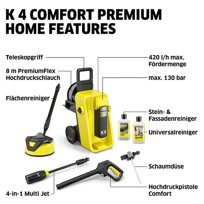 Kärcher Hochdruckreiniger K 4 Comfort Premium Home - 120 bar, 1.800 W, Fördermenge: 420 l/h, Inkl. Home-Kit - Ein gelb-schwarzer Kärcher K4 Comfort Premium Home Hochdruckreiniger mit Zubehör wie Flächenreiniger, Düsen, Hochdruckpistole und Reinigungsmitteln.