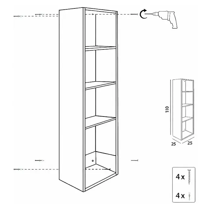 Armario colgante de baño Universal - L x An x Al: 25 x 25 x 110 cm, Teka - Estantería blanca alta y estrecha con múltiples estantes, mostrada con instrucciones de montaje y dimensiones.