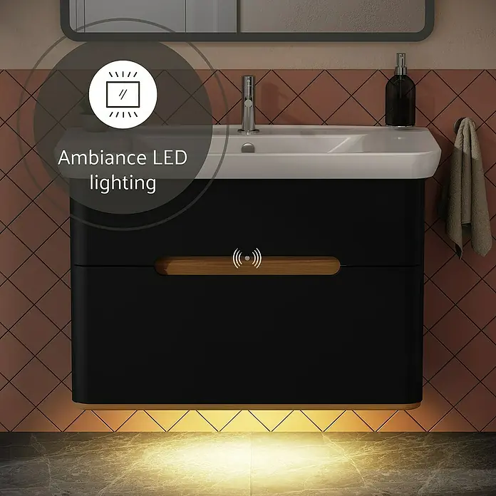 VitrA Sento Badmöbel-Set Sento - 98 cm, Anthrazit, 2 Schubladen - Moderner schwarzer Badschrank mit weißem Waschbecken, Holzgriff und Unterbau-LED-Ambientebeleuchtung.