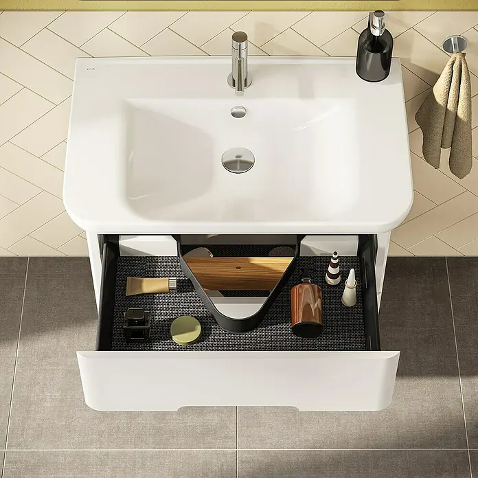 VitrA Sento Badmöbel-Set Sento - 98 cm, Weiß, 2 Schubladen - Weißer Keramik-Waschtisch mit Chromarmatur und offener Schublade mit organisierten Pflegeprodukten.