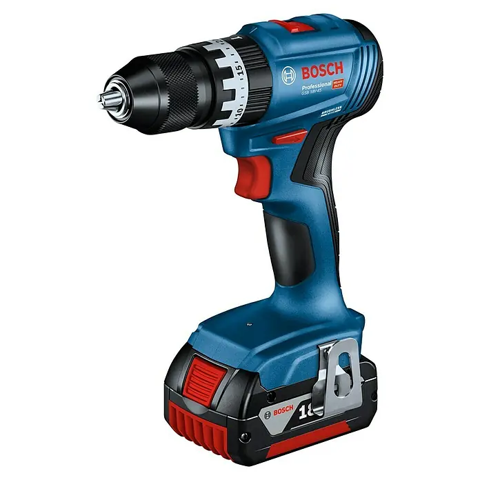 Bosch Professional AMPShare 18V Maschinen-Set 2-Tool-Kit GSB + GBH - 18 V, 2 Akkus, 4 Ah, 6 -tlg. - Blau-schwarzer Bosch GSB 18V-45 Professional Akku-Bohrschrauber mit roten Akzenten und 18V Akku.