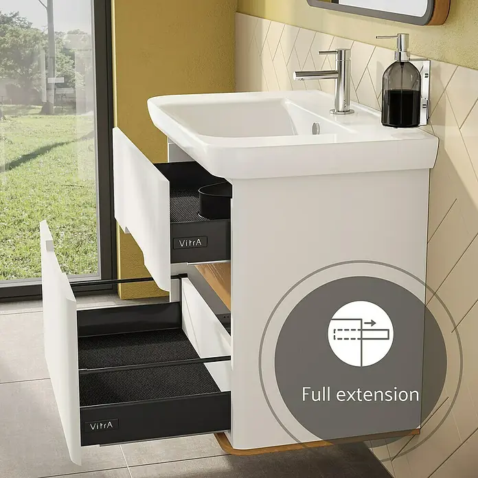 VitrA Sento Badmöbel-Set Sento - 98 cm, Weiß, 2 Schubladen - Weißer Badezimmer-Waschtisch mit Becken, offene schwarze Schubladen mit Vollauszug, Chromarmatur und Seifenspender im modernen Bad.