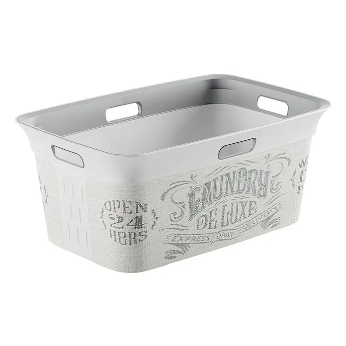 KIS Chic Cesta para la ropa Laundry Bag - 39 x 59 x 27 cm, 45 l - Cesto para la ropa sucia de plástico blanco con estampado "Laundry de Luxe" para un almacenamiento elegante.