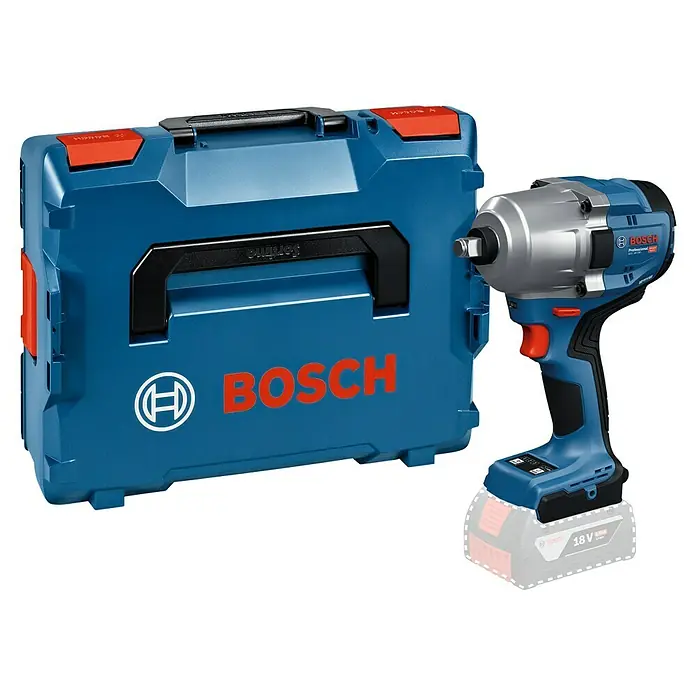 Bosch Professional AMPShare 18V Akku-Drehschlagschrauber GDS 18V-780 - 18 V, Ohne Akku, 780 Nm - Blauer Bosch Schlagschrauber mit silbernem Kopf und rotem Abzug, daneben der blaue Bosch Werkzeugkoffer mit schwarzem Griff und roten Verschlüssen.
