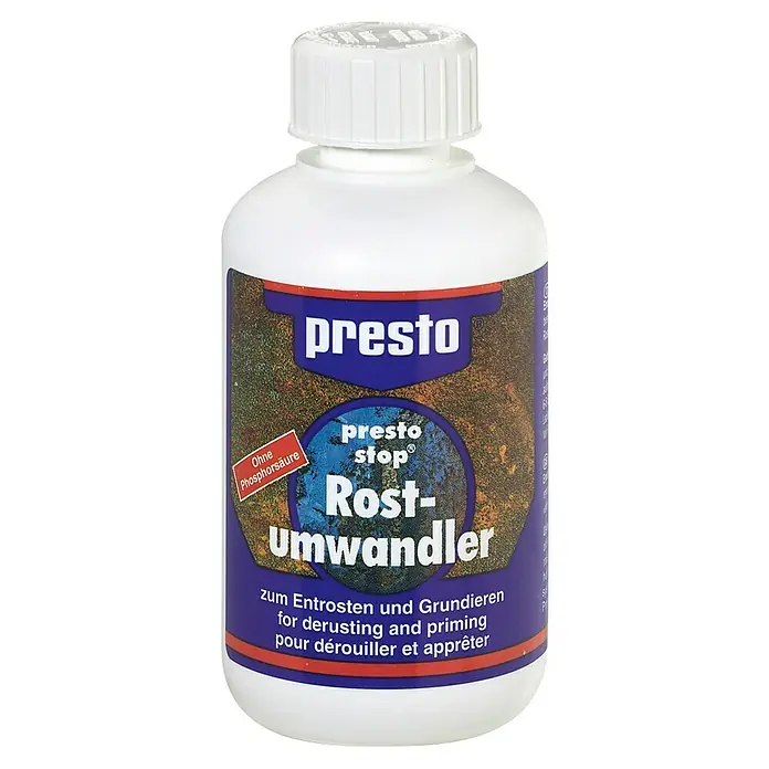 Presto Rostumwandler - 250 ml - Eine Flasche Presto Rostumwandler, ein Produkt zur Entrostung und Grundierung von Metalloberflächen.