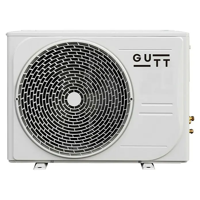 Gutt Aire acondicionado Inverter 12 - 3.500 W, 3.500 W, 14 m² - 22 m² - Unidad exterior de aire acondicionado blanca con rejilla de ventilador negra circular y marca 'GUTT'.