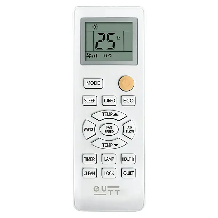 Gutt Aire acondicionado Inverter 12 - 3.500 W, 3.500 W, 14 m² - 22 m² - Mando a distancia blanco-gris para aire acondicionado con pantalla LCD (25 °C, símbolos de frío y ventilador) y numerosos botones de función.