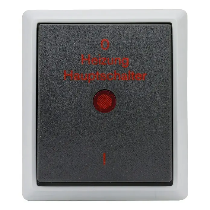 Aqua Form Heizungsschalter - Anthrazit, Kunststoff, Aufputzmontage, IP44 - Ein Heizungshauptschalter mit roter Anzeigeleuchte in einem weißen Rahmen.