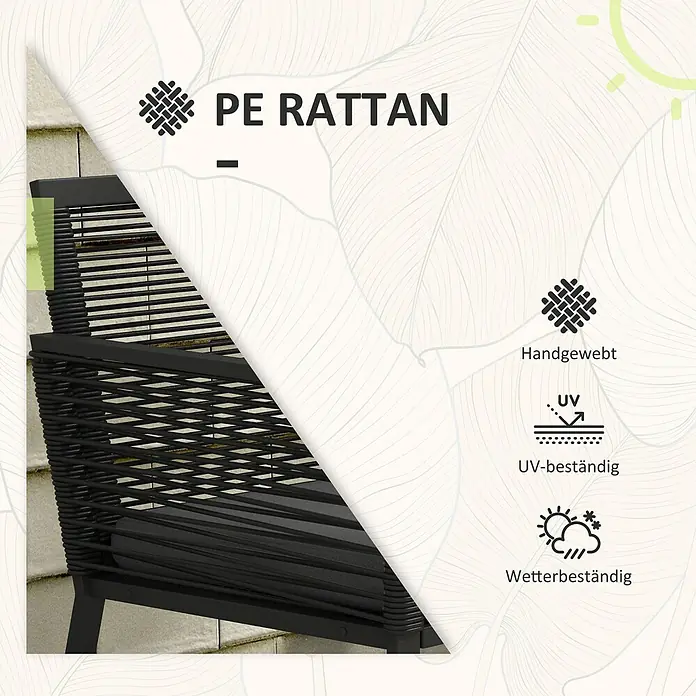 Outsunny Loungemöbel-Set mit Tisch - 3 -tlg., PE-Rattan, Stahl, Polyester, Hartglas, mit Sitzkissen, Schwarz