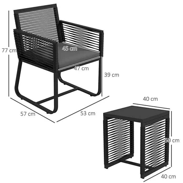 Outsunny Loungemöbel-Set mit Tisch - 3 -tlg., PE-Rattan, Stahl, Polyester, Hartglas, mit Sitzkissen, Schwarz
