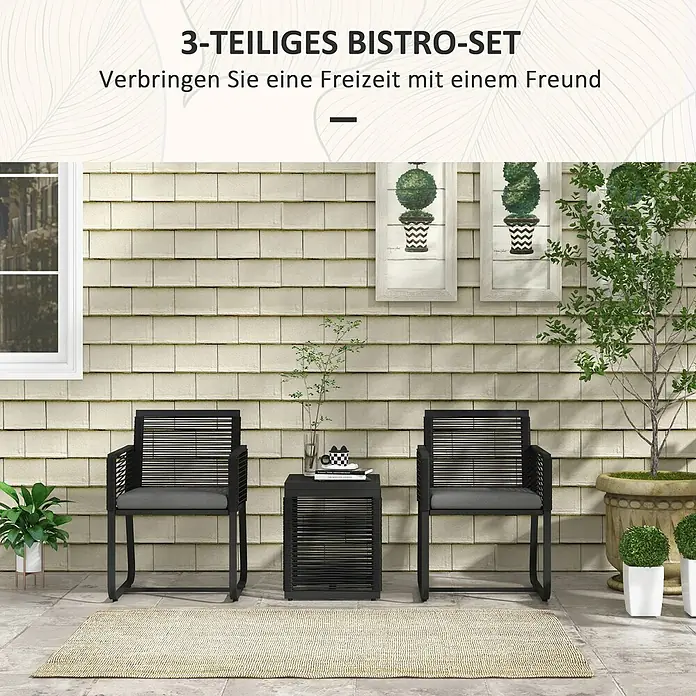 Outsunny Loungemöbel-Set mit Tisch - 3 -tlg., PE-Rattan, Stahl, Polyester, Hartglas, mit Sitzkissen, Schwarz