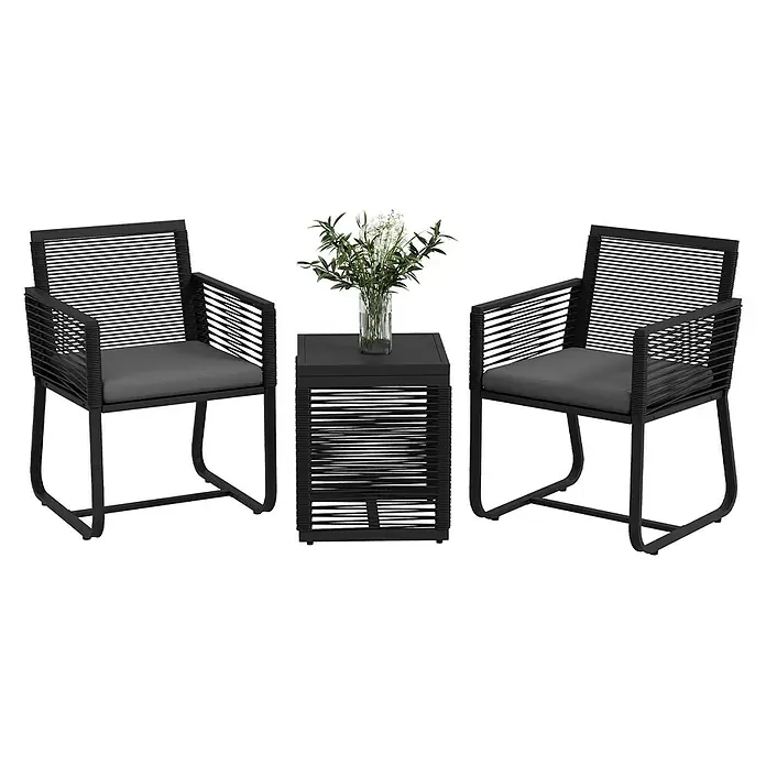 Outsunny Loungemöbel-Set mit Tisch - 3 -tlg., PE-Rattan, Stahl, Polyester, Hartglas, mit Sitzkissen, Schwarz