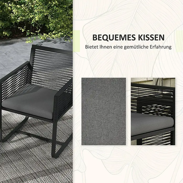 Outsunny Loungemöbel-Set mit Tisch - 3 -tlg., PE-Rattan, Stahl, Polyester, Hartglas, mit Sitzkissen, Schwarz