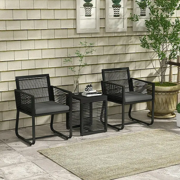 Outsunny Loungemöbel-Set mit Tisch - 3 -tlg., PE-Rattan, Stahl, Polyester, Hartglas, mit Sitzkissen, Schwarz