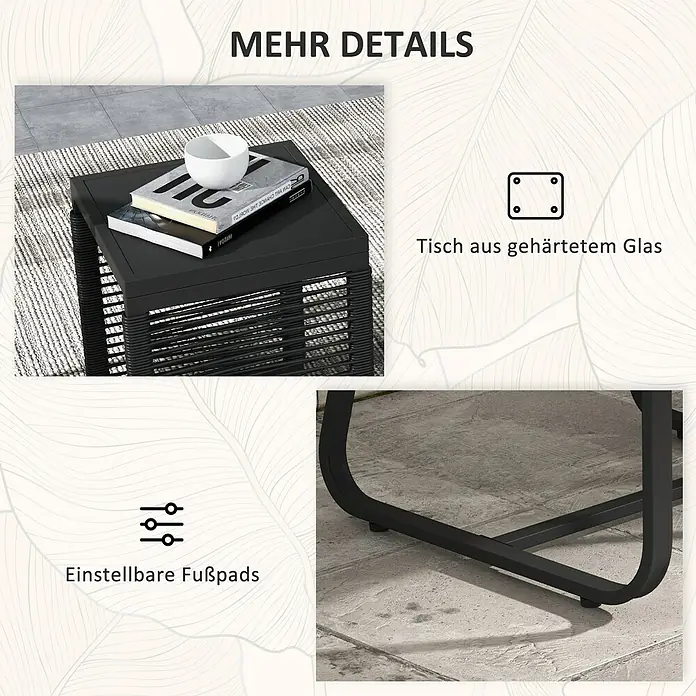Outsunny Loungemöbel-Set mit Tisch - 3 -tlg., PE-Rattan, Stahl, Polyester, Hartglas, mit Sitzkissen, Schwarz