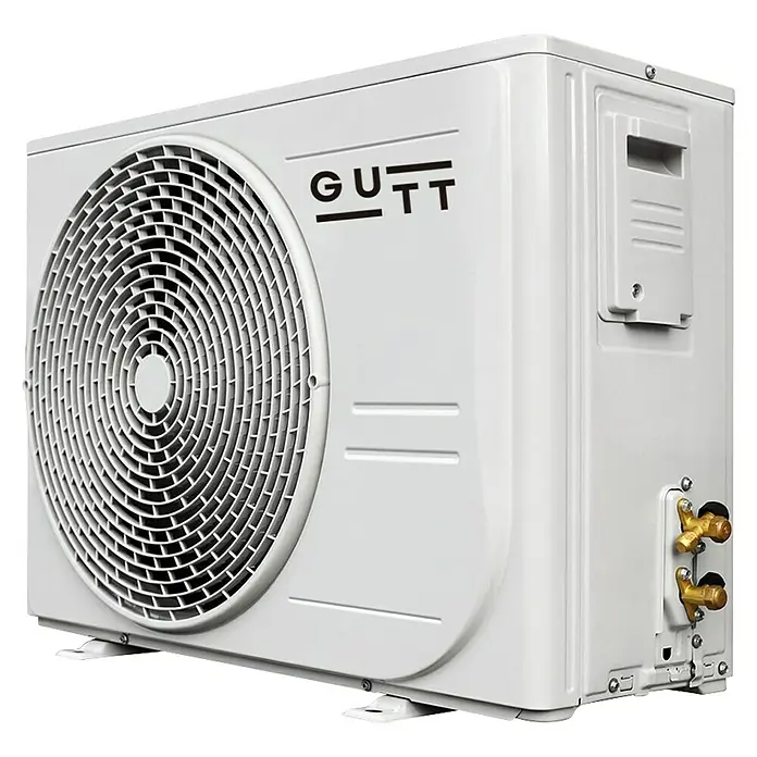Gutt Aire acondicionado Inverter 12 - 3.500 W, 3.500 W, 14 m² - 22 m² - Unidad exterior blanca de aire acondicionado con rejilla de ventilador circular y conexiones de latón visibles.