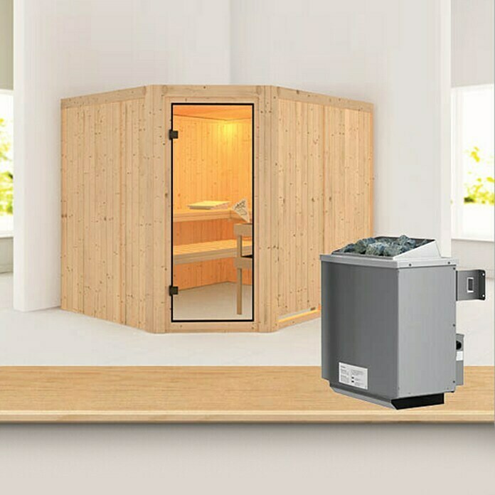 Karibu Systemsauna Malin (Mit 9 kW Saunaofen mit integrierter Steuerung, Ohne Dachkranz, 196 x 231 x 198 cm)