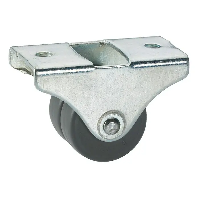 Stabilit Möbel-Doppelbockrolle - Durchmesser Rollen: 25 mm, Traglast: 55 kg, Gleitlager, Mit Platte - Nahaufnahme eines Möbelrades mit grauen Rollen und einer Metallhalterung, ideal für flexible Möbellösungen im Haus oder Büro.