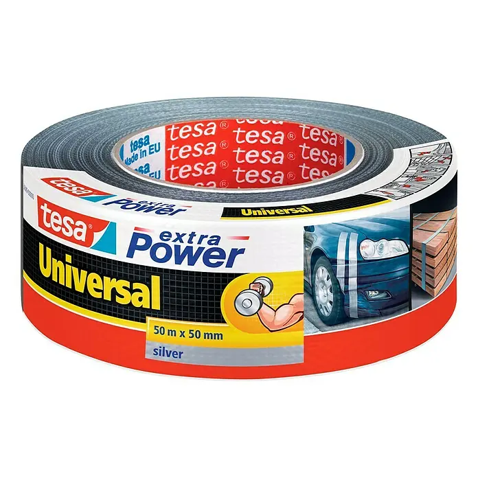 Tesa Extra Power Folienband Universal - Silber, 50 m x 50 mm - Tesa Universal extra Power Gewebeband, silberfarben, 50 m x 50 mm, vielseitig einsetzbar für Reparaturen, Befestigungen und Bündelungen.