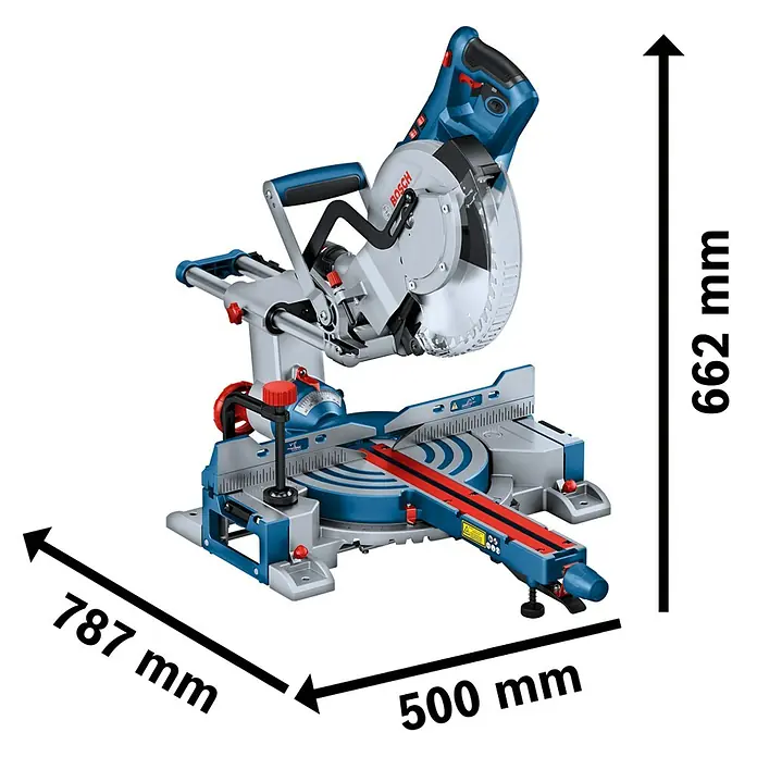 Bosch Professional Kapp- & Gehrungssäge GCM 305-254 D - 1.500 W, Durchmesser Sägeblatt: 254 mm, Leerlaufdrehzahl: 4.500 U/min - Blau-silberne Bosch Paneelsäge mit Maßen, ideal für präzise Winkelschnitte.