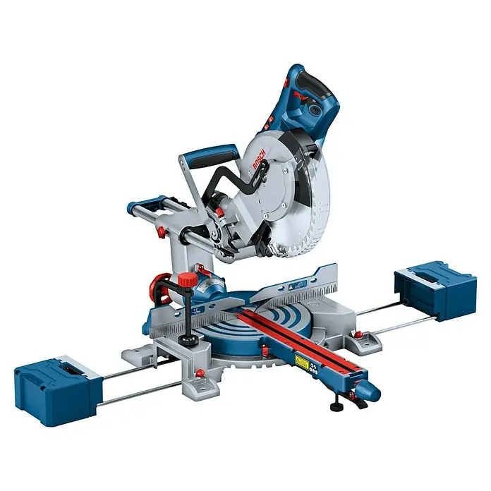 Bosch Professional Kapp- & Gehrungssäge GCM 305-254 D - 1.500 W, Durchmesser Sägeblatt: 254 mm, Leerlaufdrehzahl: 4.500 U/min - Blaue und graue Bosch Kapp- und Gehrungssäge mit roten Akzenten, für präzises Sägen eingerichtet.