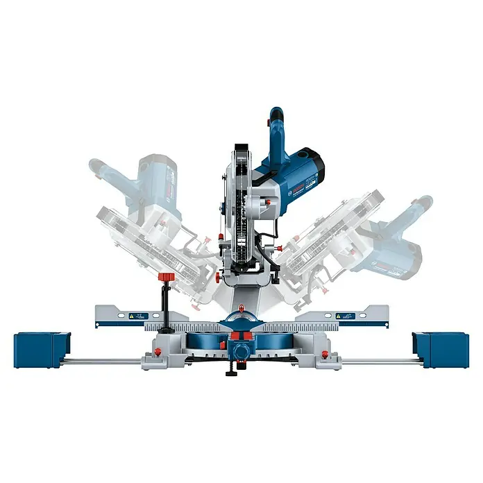Bosch Professional Kapp- & Gehrungssäge GCM 305-254 D - 1.500 W, Durchmesser Sägeblatt: 254 mm, Leerlaufdrehzahl: 4.500 U/min - Eine blaue und graue Bosch Kapp- und Gehrungssäge mit drehbarer Basis und ausziehbaren Werkstückauflagen, die ihre präzisen Schnittwinkel demonstriert.