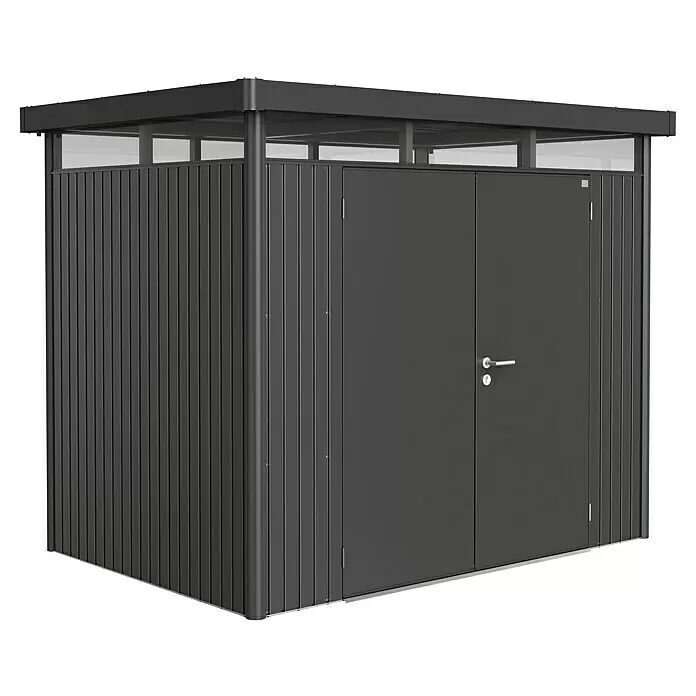 Biohort HighLine Gerätehaus H2 - Dunkelgrau Metallic, Doppeltür, Außenbreite inkl. Dachüberstand: 275 cm, Außentiefe inkl. Dachüberstand: 195 cm, Stahl - Diagonale Ansicht
