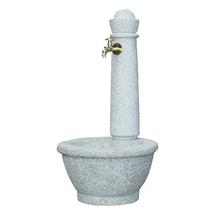 Garantia Brunnen Roma - Lightgranite, 54 x 54 x 100 cm - Granitbrunnen mit Messinghahn, ideal für den Garten. Der Brunnen ist aus grauem Stein gefertigt und hat eine robuste Bauweise.