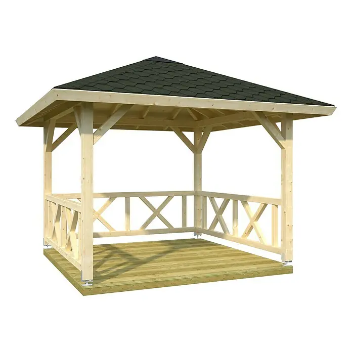 Palmako Pavillon Berta - L x B: 386 x 386 cm, Fichte, Natur - Das Bild zeigt einen hölzernen Pavillon mit einem dunklen Dach und einem Holzboden, der sich perfekt für Entspannung im Freien eignet.