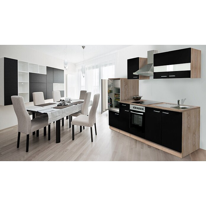Respekta Composición de cocina (Ancho: 270 cm, Con dispositivos eléctricos, Negro)