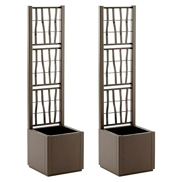 Pflanzkasten Set - Außenmaß (L x B x H): 36 x 36 x 140 cm, Kunststoff, Taupe, mit Spalier, 2 Stk. - Zwei dunkelbraune Pflanzkübel mit integrierten Spalieren und wellenförmigen vertikalen Streben für Kletterpflanzen.
