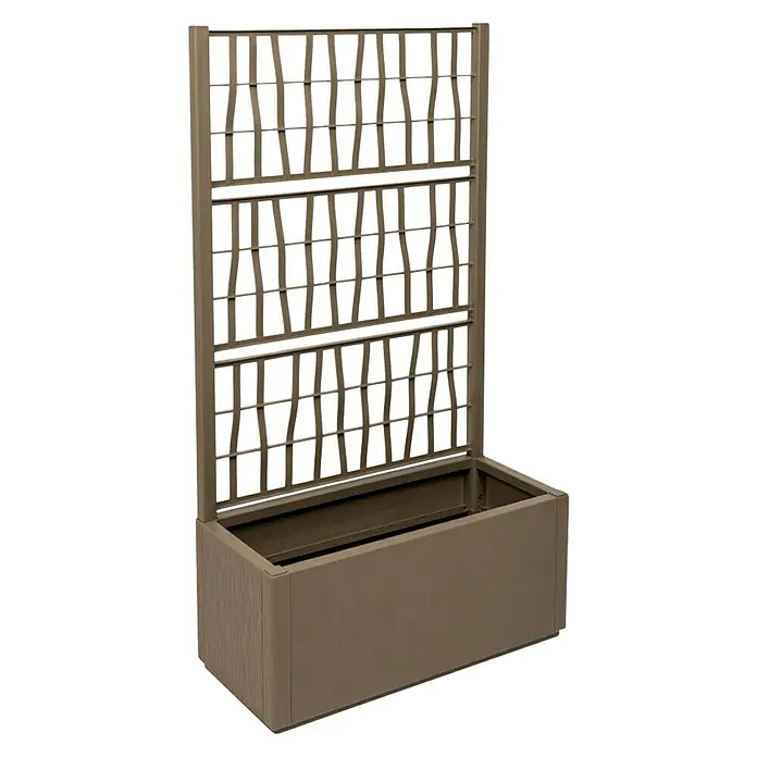 Pflanzkasten mit Spalier - Außenmaß (L x B x H): 80 x 36 x 140 cm, Kunststoff, Taupe - Brauner, strukturierter Pflanzkasten mit integriertem Rankgitter und wellenförmigen vertikalen Stäben.