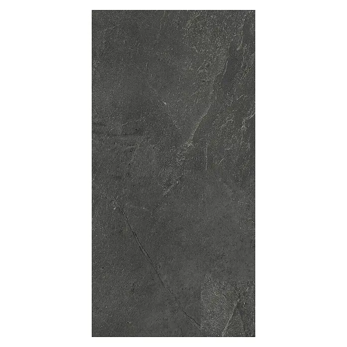 Revêt Wandpaneel SPC Wall - 600 x 300 mm, Schiefer - Dunkelgraue, texturierte Fliese in Steinoptik mit feiner weißer Maserung.