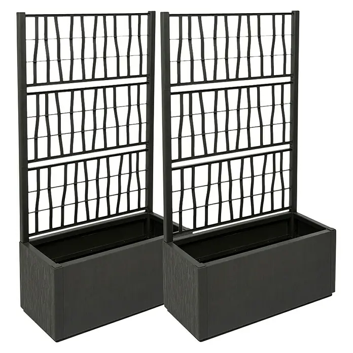 Pflanzkasten Set - Außenmaß (L x B x H): 80 x 36 x 140 cm, Kunststoff, Anthrazit, mit Spalier, 2 Stk. - Zwei dunkelgraue rechteckige Pflanzkübel mit integrierten Spalieren, horizontalen und gewellten vertikalen Stäben für Kletterpflanzen.