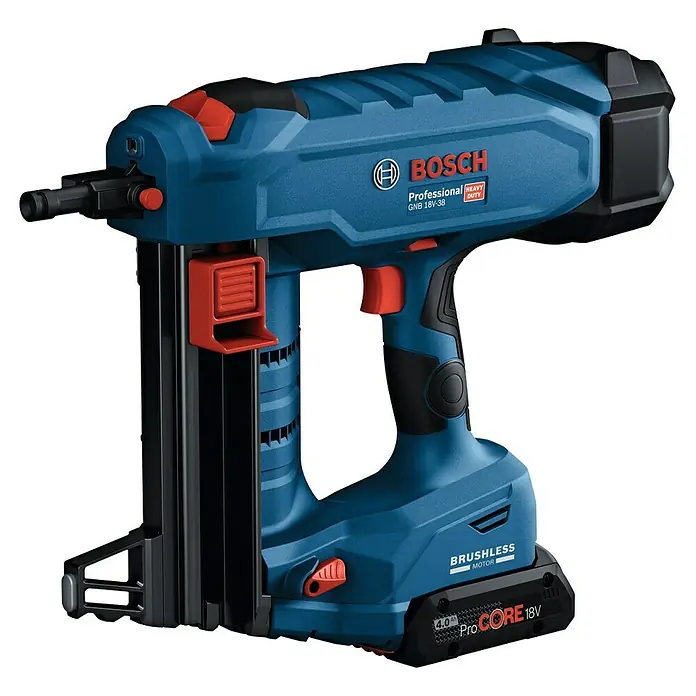 Bosch Professional Akku-Nagler GNB 18V-38PRO - 18 V, 2 Akkus, Länge Nagel: 13 mm - 38 mm - Blaue und schwarze Bosch Akku-Nagelpistole mit roten Akzenten, betrieben mit einem ProCORE 18V Akku.