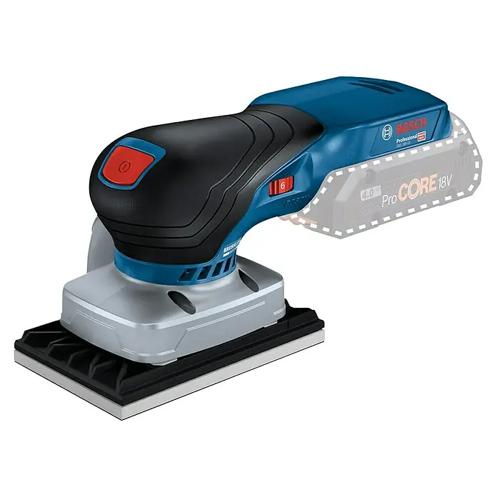 Bosch Professional AMPShare 18V Akku-Schwingschleifer GSS 18V-13 - Anzahl Akkus: Ohne Akku, Leerlaufschwingzahl: 12.000 U/min - 20.000 U/min, 18 V - Blauer und schwarzer Bosch Akku-Schwingschleifer mit rotem Ein-/Ausschalter und Geschwindigkeitsregler. Grauer Sockel; Akku-Umriss sichtbar.